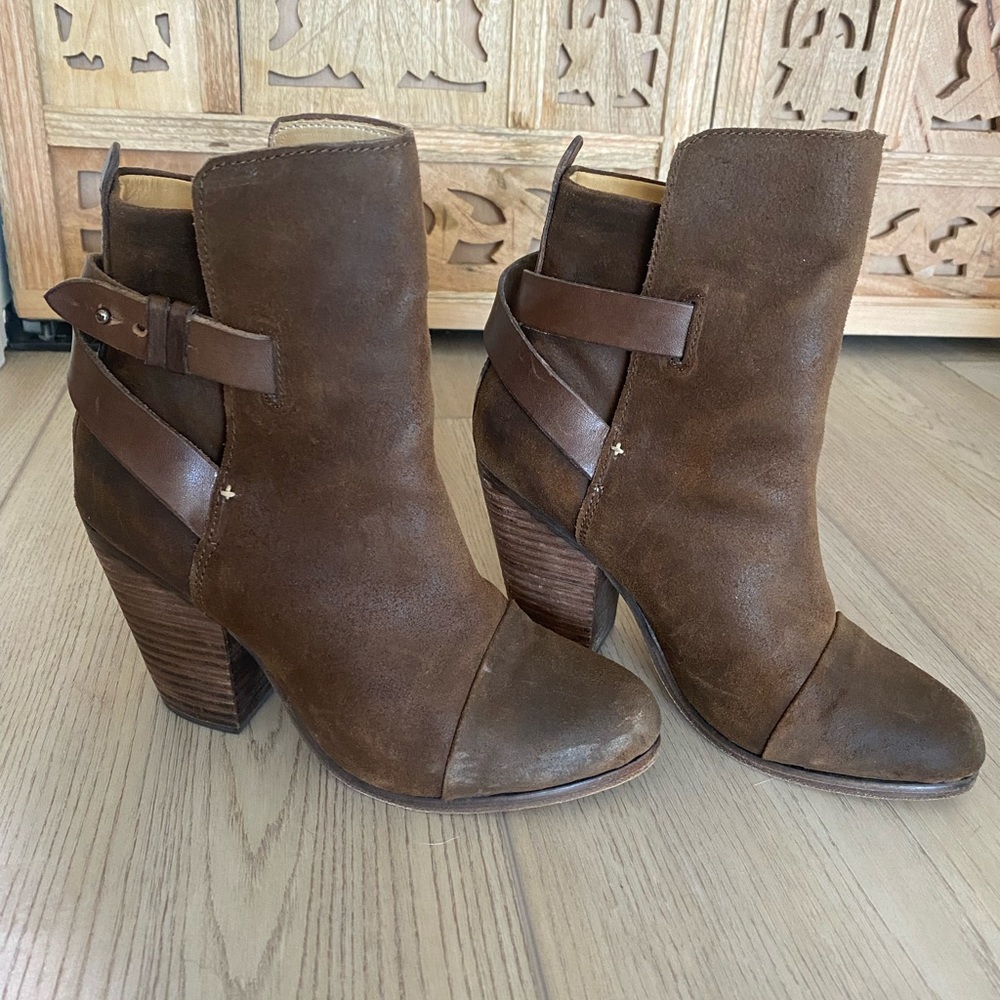 Rag & Bone brown suede booties.  Leather wrap detail.  Size 37